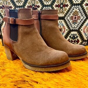 70s Style Bohemian Modern Brown Suede and Leather Ankle Boots with Rubber Soles
